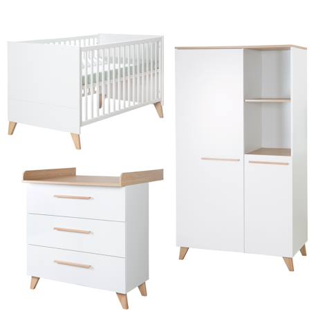 Chambre bébé complète - lit évolutif + commode à langer et armoire leon Blanc - chêne othello 2 - vertbaudet enfant 