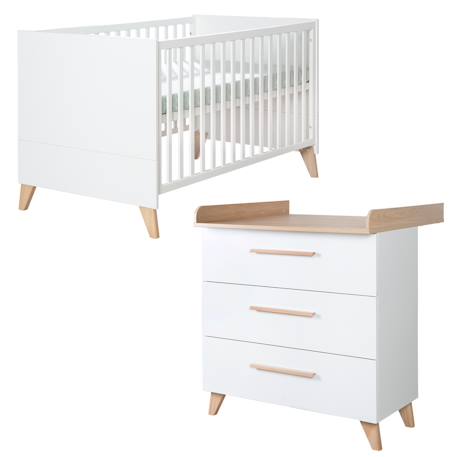Chambre bébé évolutive - lit + commode à langer leon Blanc - chêne othello 2 - vertbaudet enfant 