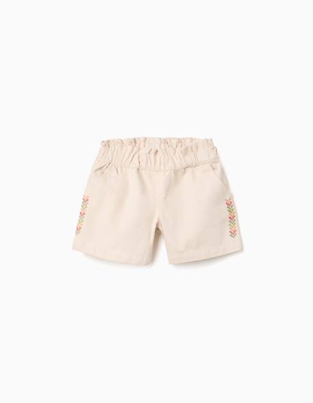 Short en sergé avec broderie et taille élastique Beige 1 - vertbaudet enfant 