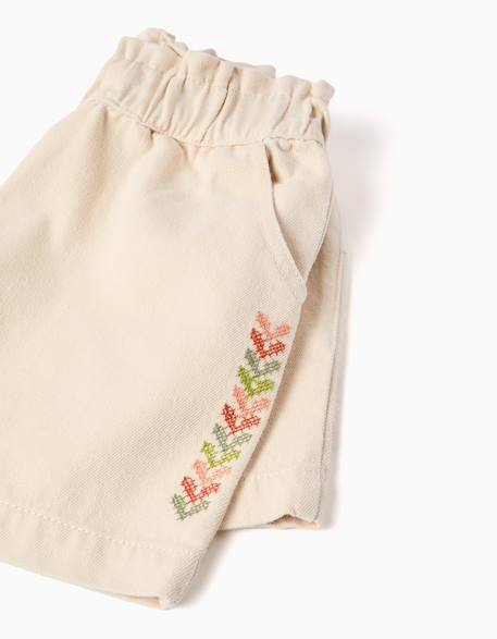 Short en sergé avec broderie et taille élastique Beige 4 - vertbaudet enfant 