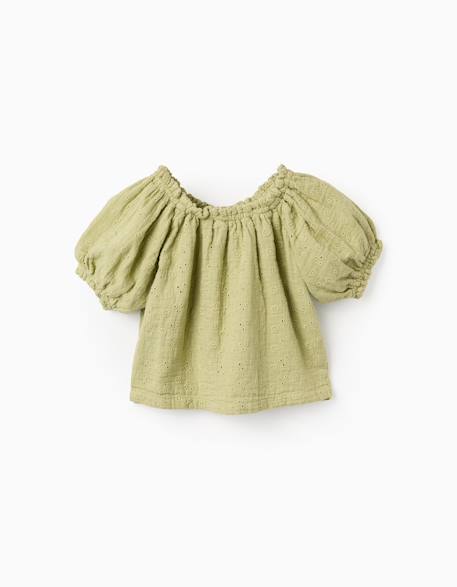Blouse en coton avec broderie anglaise et manches ballon Vert clair 1 - vertbaudet enfant 