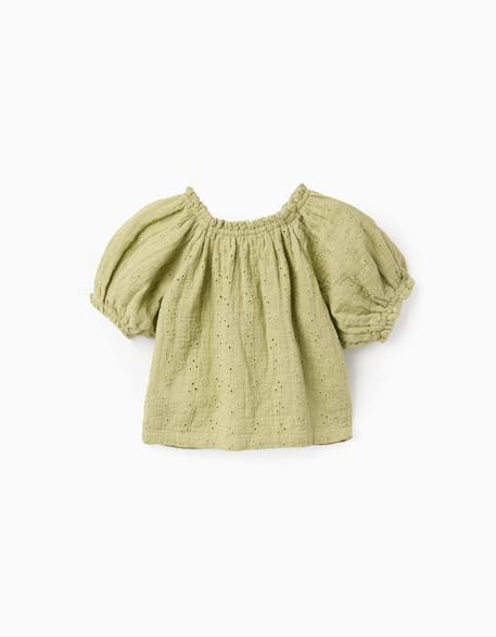 Blouse en coton avec broderie anglaise et manches ballon Vert clair 2 - vertbaudet enfant 