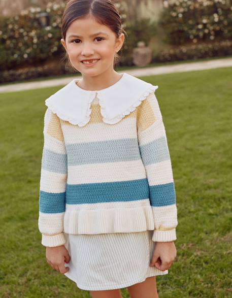 Pull en maille rayé à ourlet volanté Blanc 2 - vertbaudet enfant 