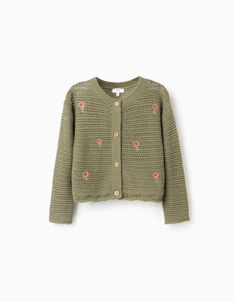 Gilet en maille avec fleurs brodées Vert foncé 1 - vertbaudet enfant 