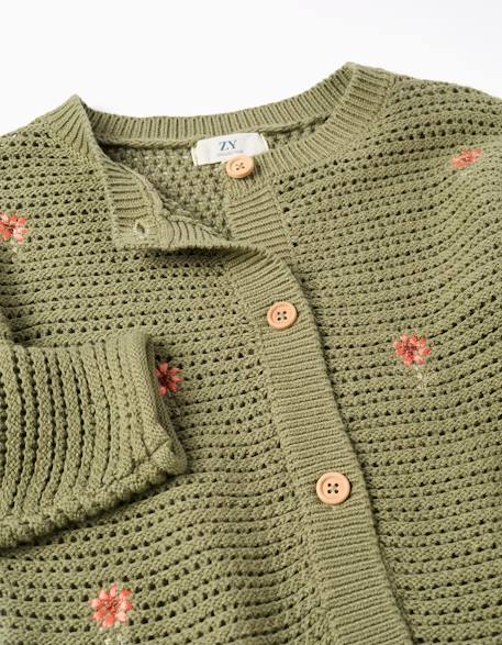 Gilet en maille avec fleurs brodées Vert foncé 3 - vertbaudet enfant 