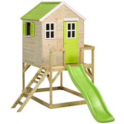 Maisonnette enfant extérieur en bois tinni avec plateforme et toboggan  - vertbaudet enfant