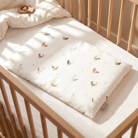 Oreiller plat réversible en satin de coton gallina Écru – motif poules champêtre 2 - vertbaudet enfant 