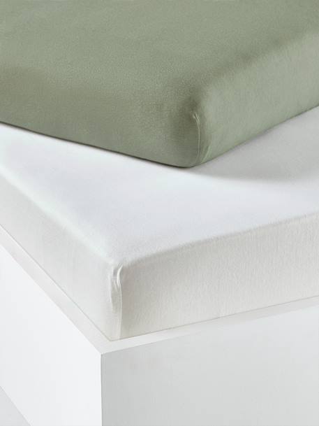 Lot de 2 draps-housses bébé en jersey extensible beige+blanc+bleu vert + blanc+gris + blanc+jaune curry+moutarde+rose pâle + blanc+vert sauge 16 - vertbaudet enfant 