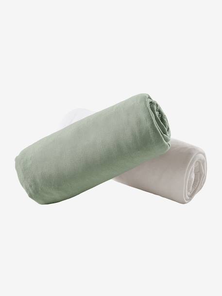Lot de 2 draps-housses bébé en jersey extensible beige+blanc+bleu vert + blanc+gris + blanc+jaune curry+moutarde+rose pâle + blanc+vert sauge 17 - vertbaudet enfant 