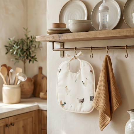 Bavoir à nouer en coton gallina Écru – motif poules champêtre 2 - vertbaudet enfant 