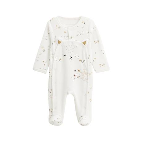 Pyjama bébé en velours ouverture pont bisous Ecru 2 - vertbaudet enfant 
