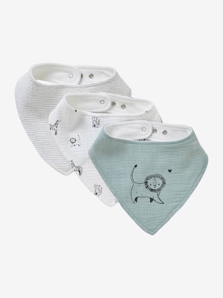 Lot de 3 bavoirs bandanas en gaze de coton blanc+bleu glacier+écru+lot renard+lot vert panda+vert sauge+vieux rose 1 - vertbaudet enfant 