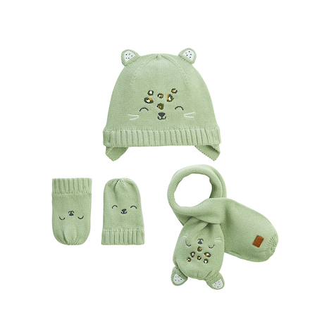 Ensemble bonnet, moufles et écharpe bébé en tricot boavista Kaki 2 - vertbaudet enfant 