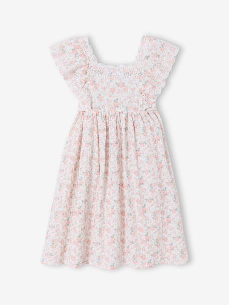 Robe de cérémonie en gaze de coton fille manches en broderie anglaise rose pâle+vert sauge 1 - vertbaudet enfant 