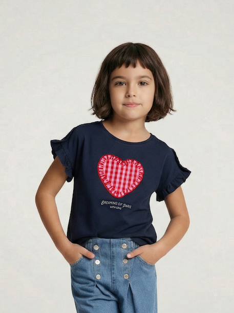 Tee-shirt fille motif romantique manches courtes à volant écru+marine+rose+vert sauge 4 - vertbaudet enfant 