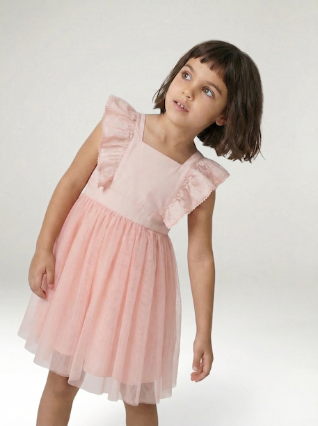 Robe cérémonie fille satin de coton à volants blanc+écru+rose pâle+vert sauge 20 - vertbaudet enfant 
