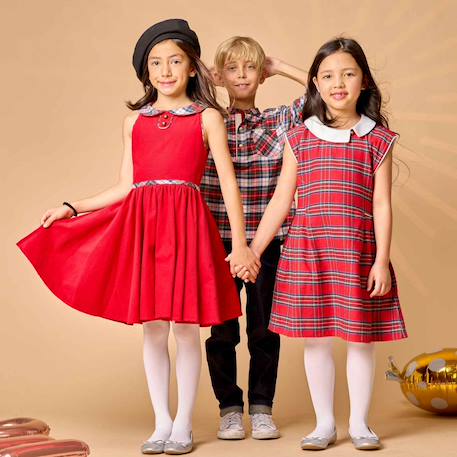 Robe qui tourne  en velours  et col claudine en tartan  hepburn Rouge carreaux tartan blanc vert+Rouge vert foncé 2 - vertbaudet enfant 