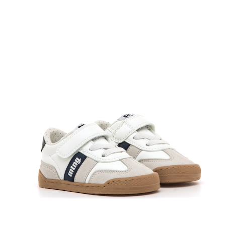 Sneakers garçon synthétique lacets- fermeture adhésive barefoot Blanc–bleu marine+Sable–bleu 4 - vertbaudet enfant 