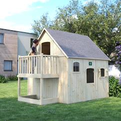Jouet-Cabane en bois sur pilotis avec mezzanine et bac à sable duplex