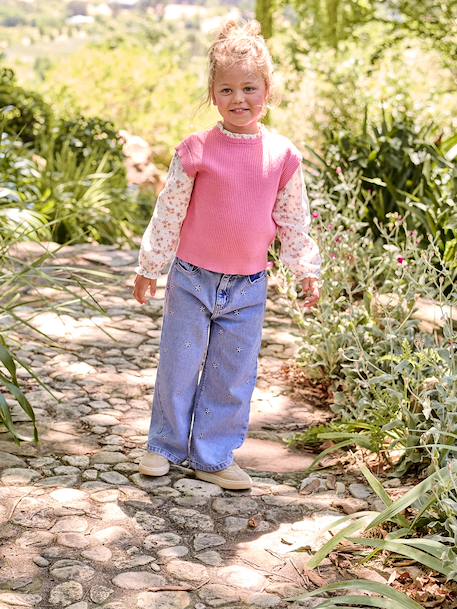 Jean large fille brodé bleu moyen+denim bleached 9 - vertbaudet enfant 