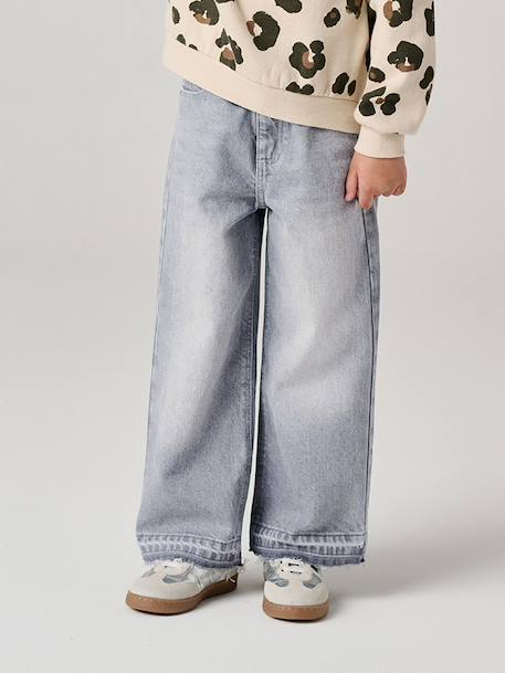 Jean fille large bas effiloché denim bleached+gris+stone 19 - vertbaudet enfant 