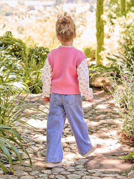 Jean large fille brodé bleu moyen+denim bleached 14 - vertbaudet enfant 