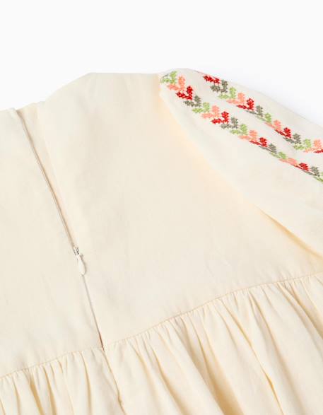 Robe en lin à manches ballon et broderie Beige 4 - vertbaudet enfant 