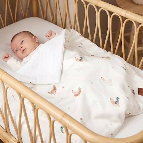 Couverture réversible en satin de coton gallina Écru – motif poules champêtre 2 - vertbaudet enfant 