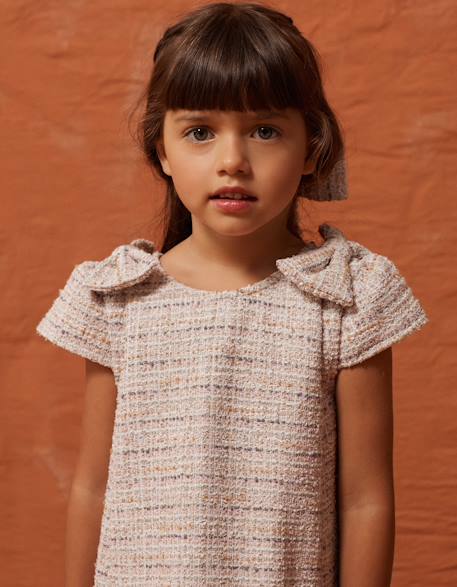 Fille-Robe-Robe évasée en tweed avec nœuds décoratifs