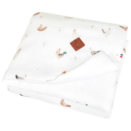 Couverture réversible en satin de coton gallina Écru – motif poules champêtre 1 - vertbaudet enfant 
