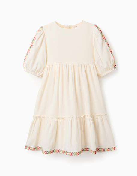 Robe en lin à manches ballon et broderie Beige 2 - vertbaudet enfant 
