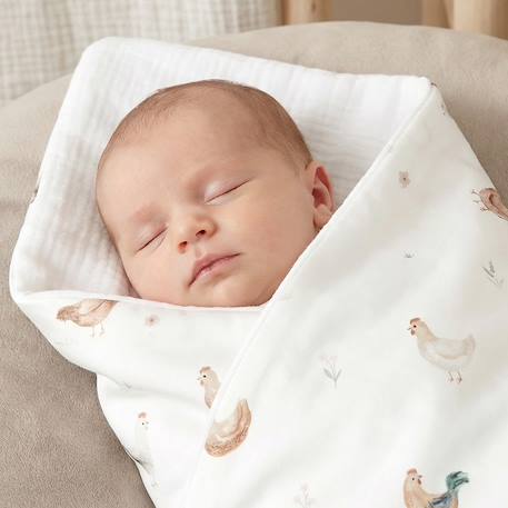 Couverture réversible en satin de coton gallina Écru – motif poules champêtre 3 - vertbaudet enfant 