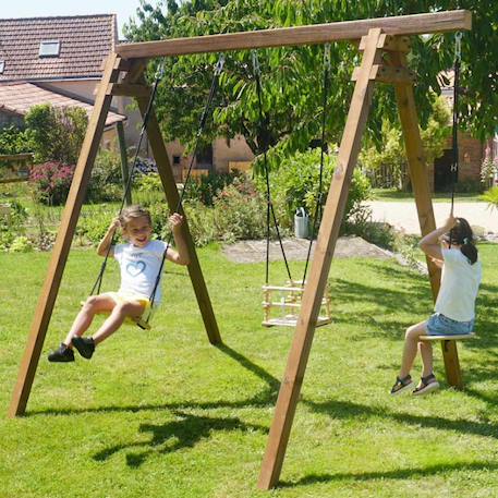 Portique en bois carré 3 agrès avec balançoire bébé et corde disque ulysse Marron 1 - vertbaudet enfant 