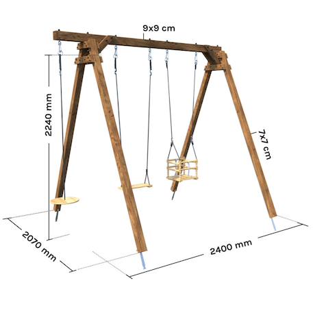 Portique en bois carré 3 agrès avec balançoire bébé et corde disque ulysse Marron 4 - vertbaudet enfant 