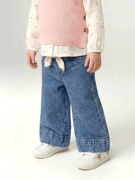 Pantalon large bébé fille denim léger ceinture imprimée double stone 6 - vertbaudet enfant 