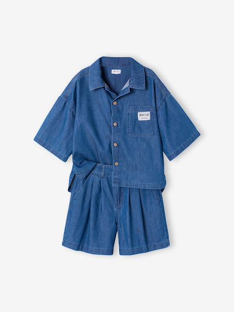 Ensemble short chemise fille denim léger bleu moyen 3 - vertbaudet enfant 