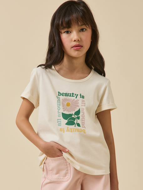 T-shirt fleur fille - coton biologique Ecru 1 - vertbaudet enfant 