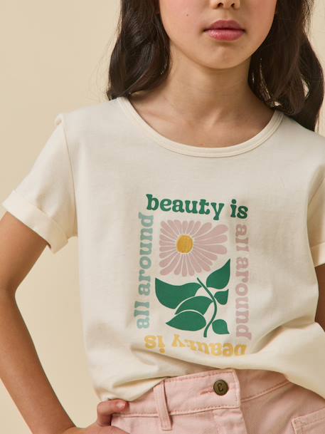 T-shirt fleur fille - coton biologique Ecru 3 - vertbaudet enfant 