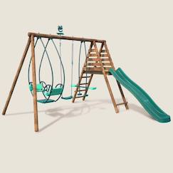 Portique en bois rond 3 agrès avec face à face et toboggan nigel  - vertbaudet enfant