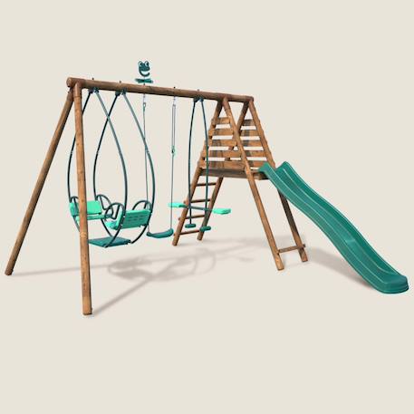 Portique en bois rond 3 agrès avec face à face et toboggan nigel Marron 1 - vertbaudet enfant 