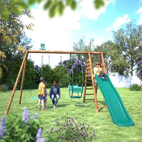 Portique en bois rond 3 agrès avec face à face et toboggan narcisse Marron 2 - vertbaudet enfant 