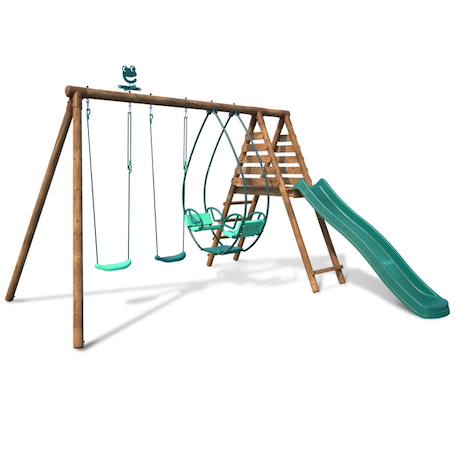 Portique en bois rond 3 agrès avec face à face et toboggan narcisse Marron 4 - vertbaudet enfant 