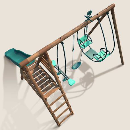 Portique en bois rond 3 agrès avec face à face et toboggan nigel Marron 6 - vertbaudet enfant 