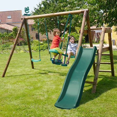 Portique en bois rond 3 agrès avec face à face et toboggan bas figue Marron 4 - vertbaudet enfant 