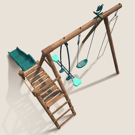 Portique en bois rond 3 agrès avec face à face, échelle et toboggan bas mûrier Marron 6 - vertbaudet enfant 