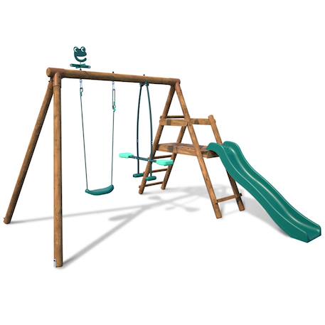 Portique en bois rond 2 agrès avec balançoire et face à face menthe Marron 3 - vertbaudet enfant 