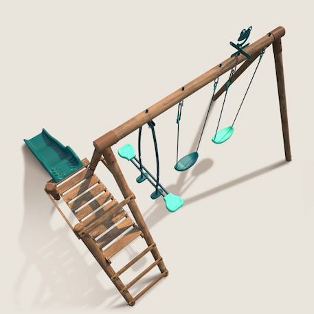 Portique en bois rond 3 agrès avec face à face et toboggan bas figue Marron 6 - vertbaudet enfant 