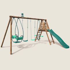 Portique en bois rond 4 agrès avec face à face et toboggan jacinthe  - vertbaudet enfant
