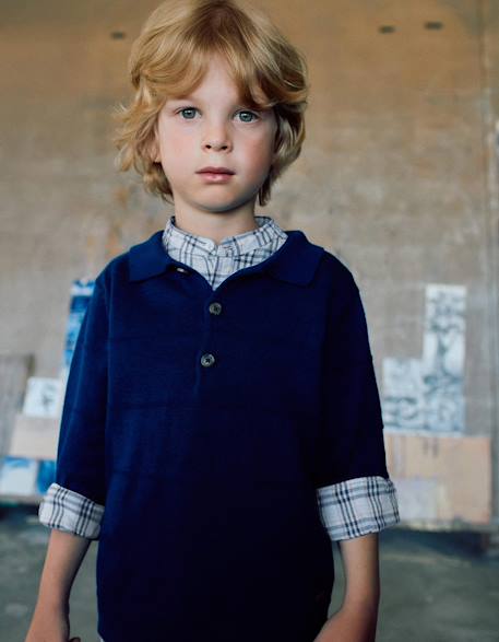 Pull en maille de coton avec lignes en relief Bleu foncé+Marrón 1 - vertbaudet enfant 