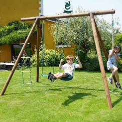 Portique en bois rond 4 agrès avec corde et échelle ernest  - vertbaudet enfant